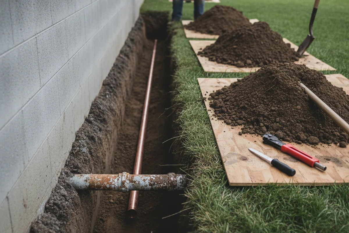Excavated water line trench during Sewer Line Repair in Welling